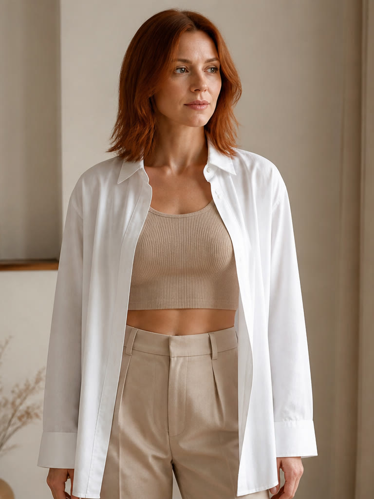 Crop top als laag onder een open overhemd